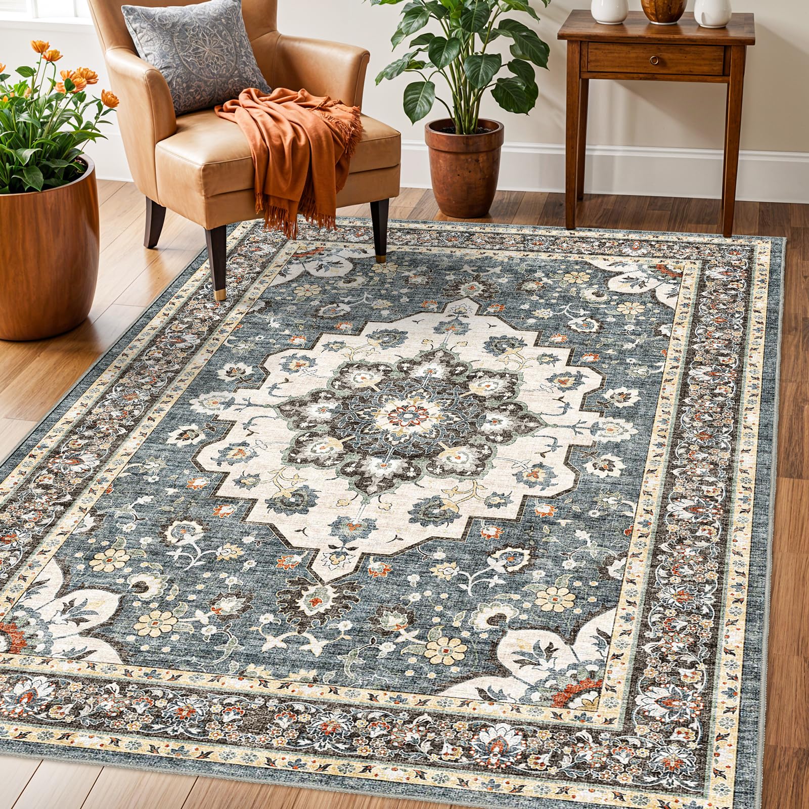 TOPRUUG Washable Oriental Area Rug - 3x5 Rugs for Living Room Soft Carpet for Bedroom Waterproof Floral Distressed Indoor Stain 
