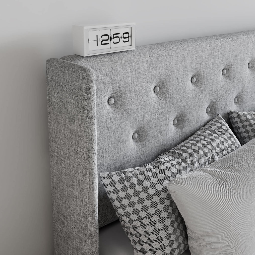 Sha Cerlin Full Size Lift Up Storage Bed/Button Tufted Wingback Headboard/Hydraulic Storage/Upholstered Platform Bed Frame/No Box Spring Needed/Wood Slats Support/Light Grey