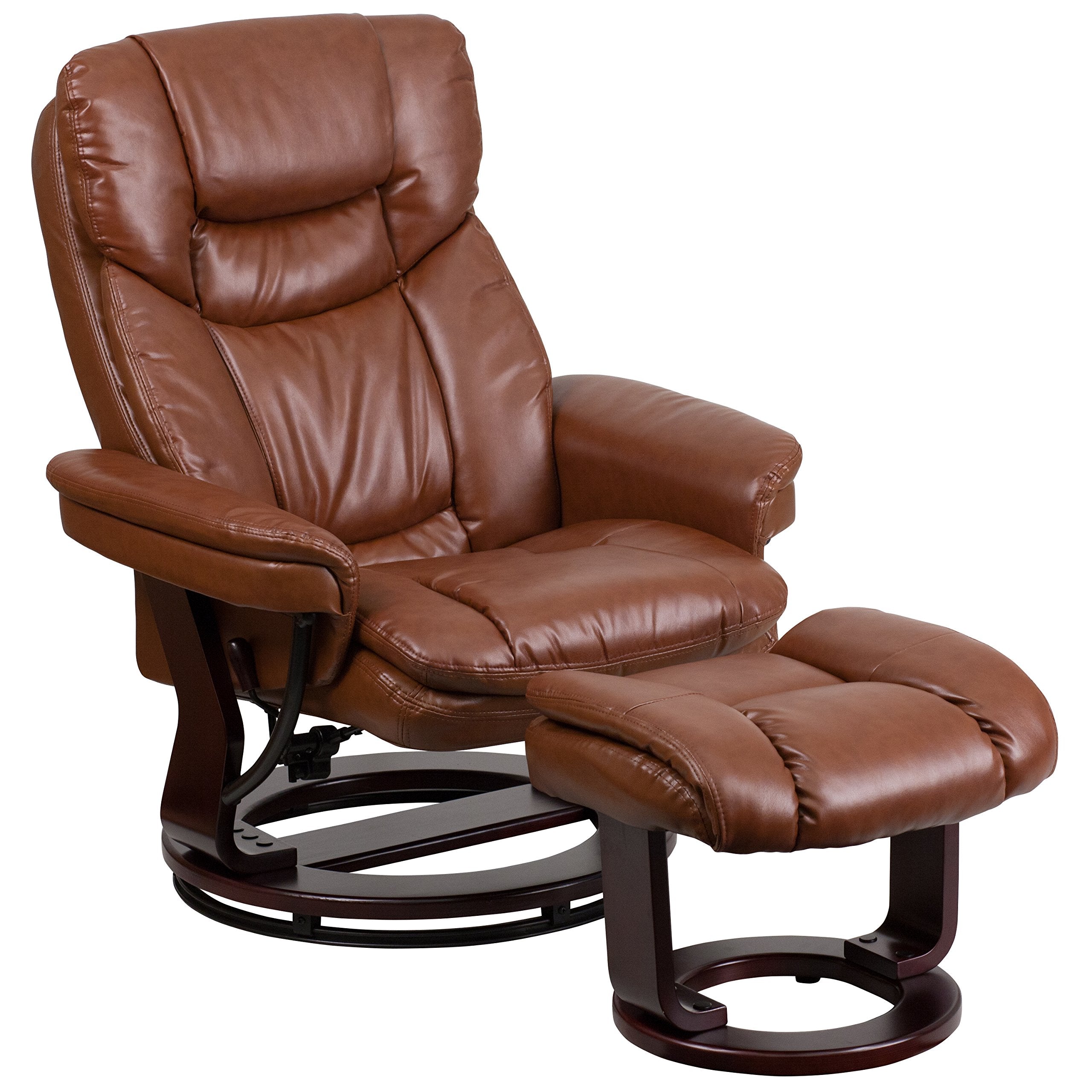 Flash Furniture Allie LeatherSoft Upholstered Recliner with Footrest, Arms, and Headrest, Padded Swivel Recliner Chair and Ottoman Set, Brown Vintage