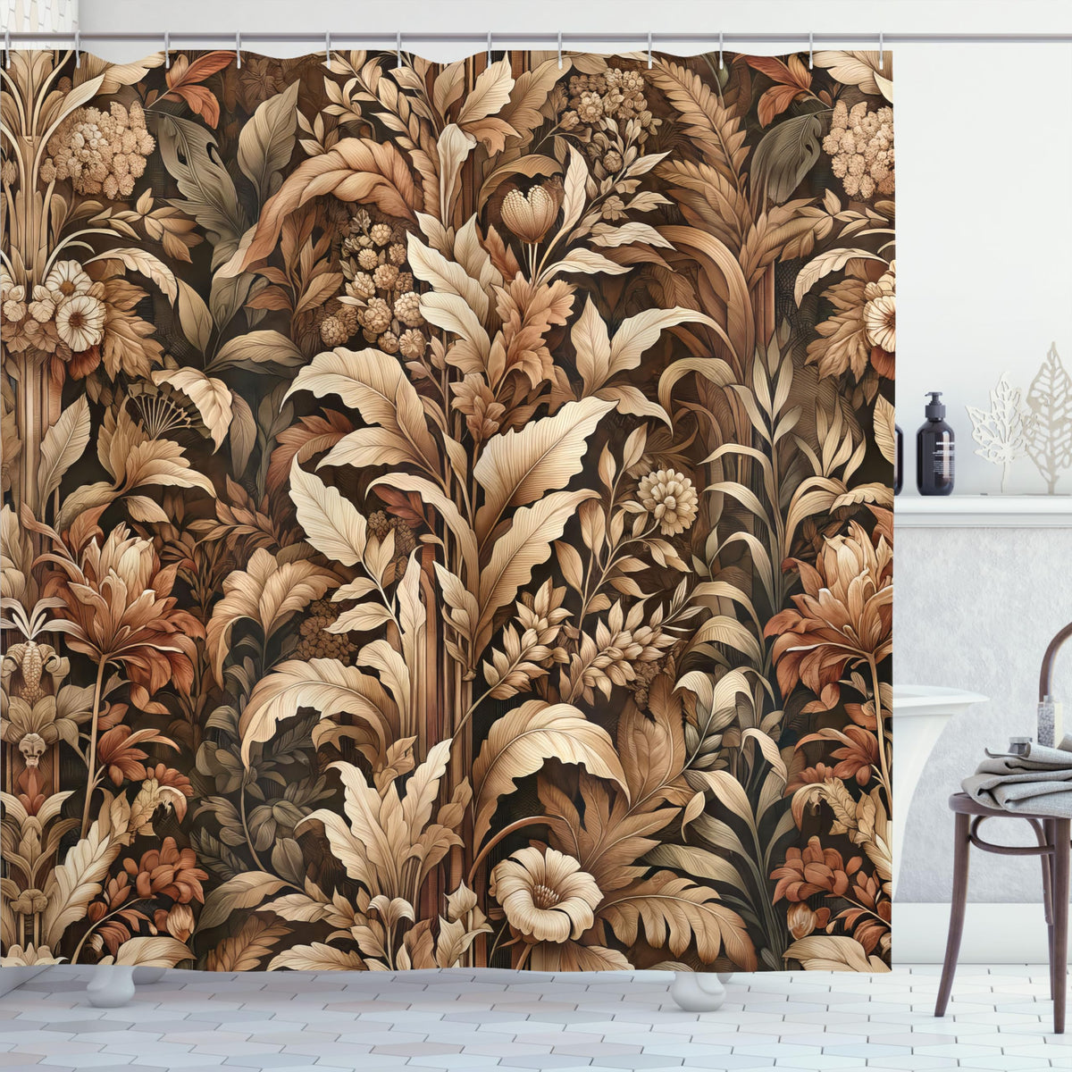 Ambesonne Brown Shower Curtain, Fall Flourishing Earthy Colors Of Vintage Botanical Bloom Flowers Leaves, Cloth Fabric Bathroom