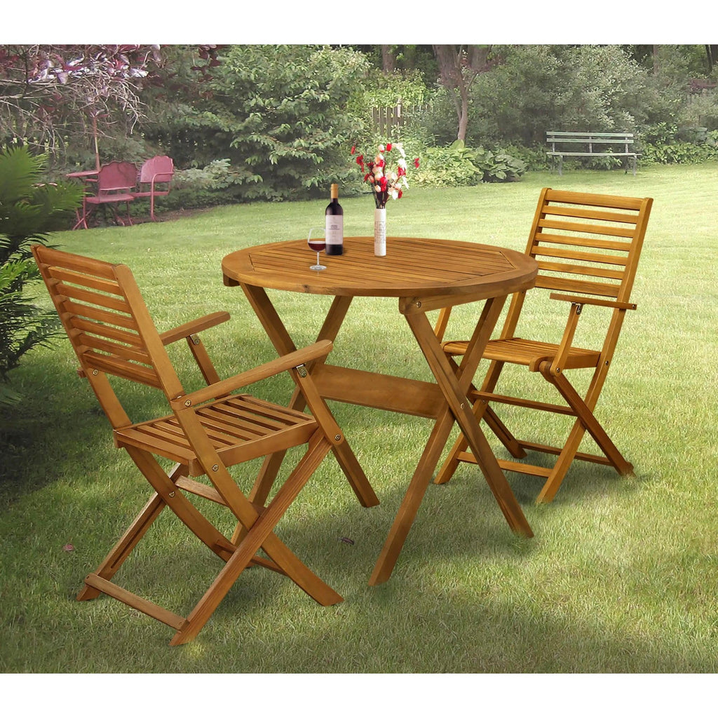 East West Furniture MNBS3CANA Marion 3 Piece Outdoor Conversation Bistro Set Contains a Round Acacia Wood Coffee Table and 2 Folding Arm Chairs, 30x30 Inch, Natural Oil