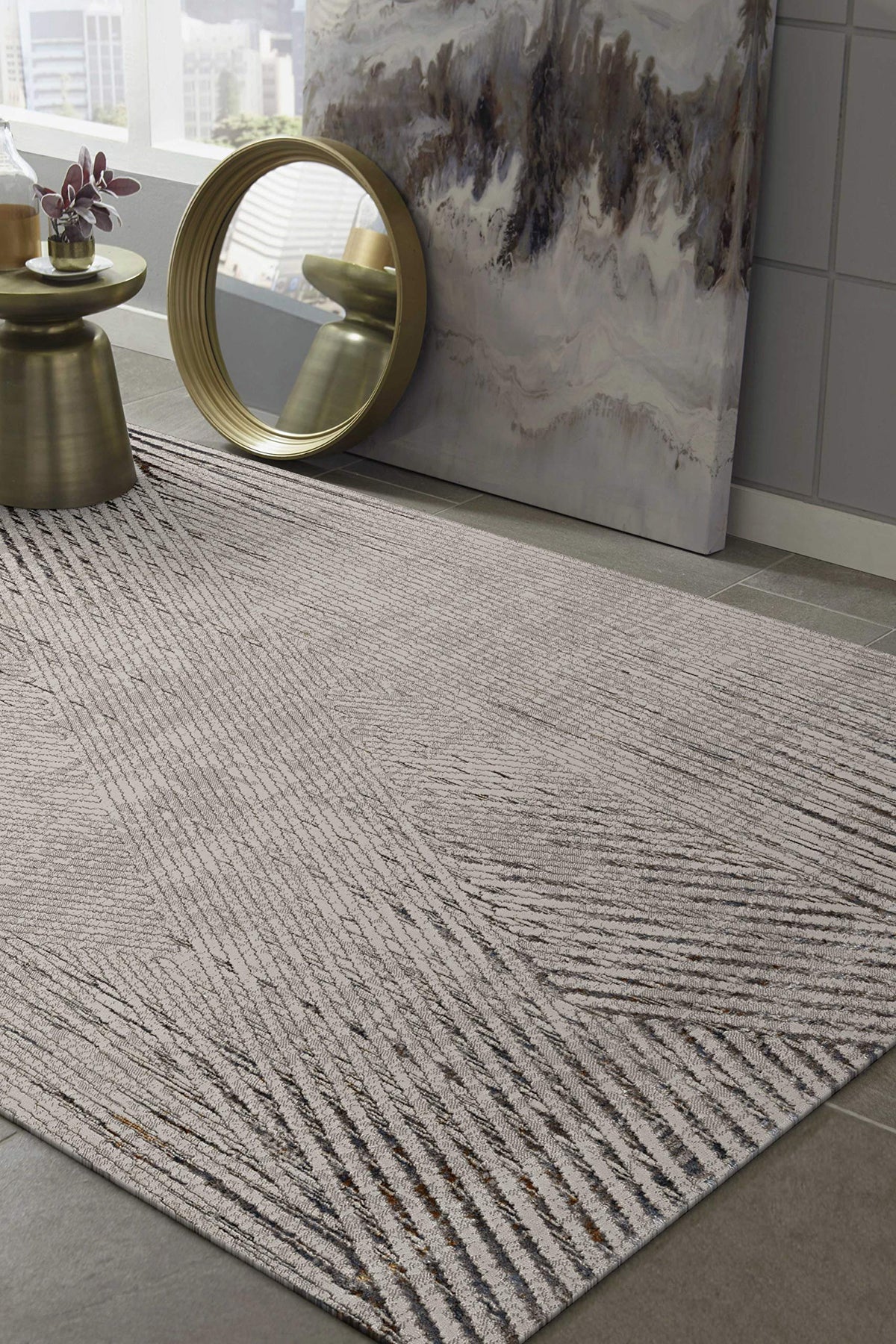 HomeRoots 5'X8' Ivory Grey Machine Woven Geometric Lines Indoor Area Rug
