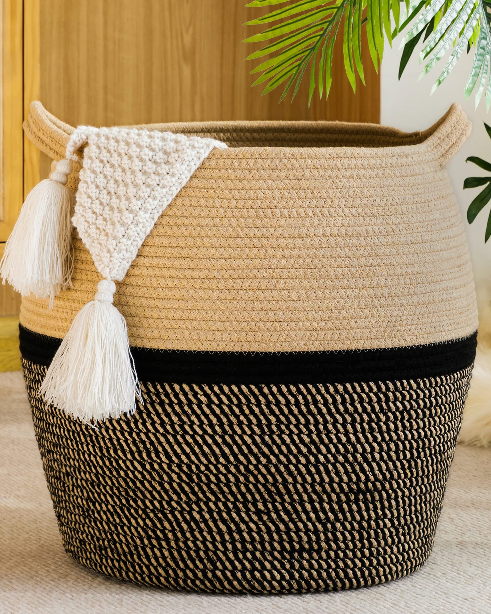 KAKAMAY Woven Baskets for Storage(17''x17''),Large Cotton Rope Basket Baby Laundry Hamper,Collapsible Basket, Blanket Organizing