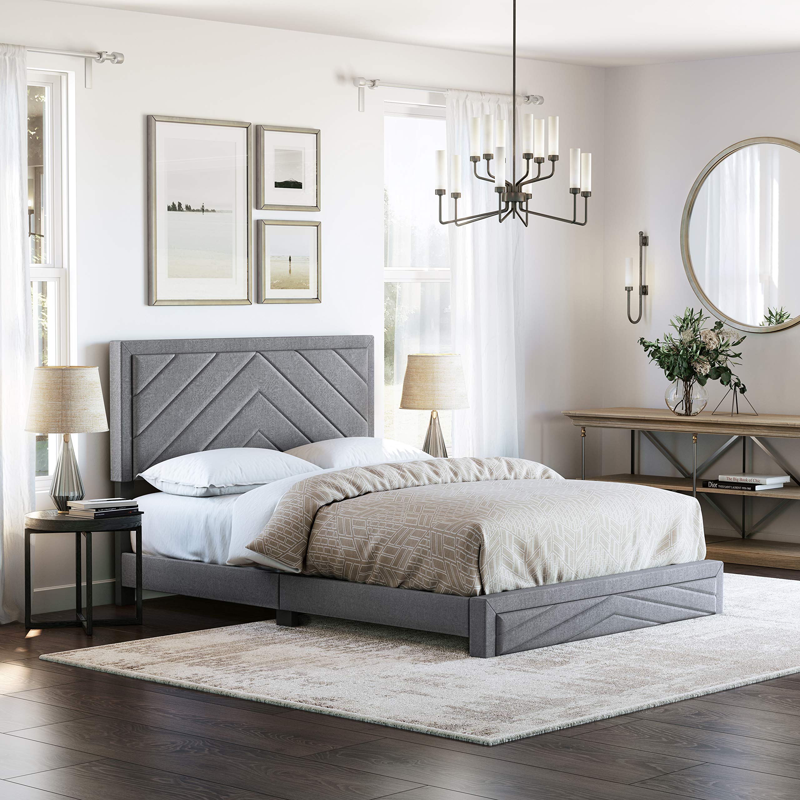 Boyd Sleep Barcelona Upholstered Platform Bed with Headboard and Durable Mattress Foundation with Strong 14 Wood Slat Supports, No BoxSpring Required: Full, Gray