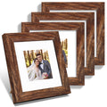 Hongkee 6x6 Picture Frame Set of 4, Made of Glass and Rustic Brown Wooden Frame - Display Picture 4x4 with Mat or 6 x 6 Without 
