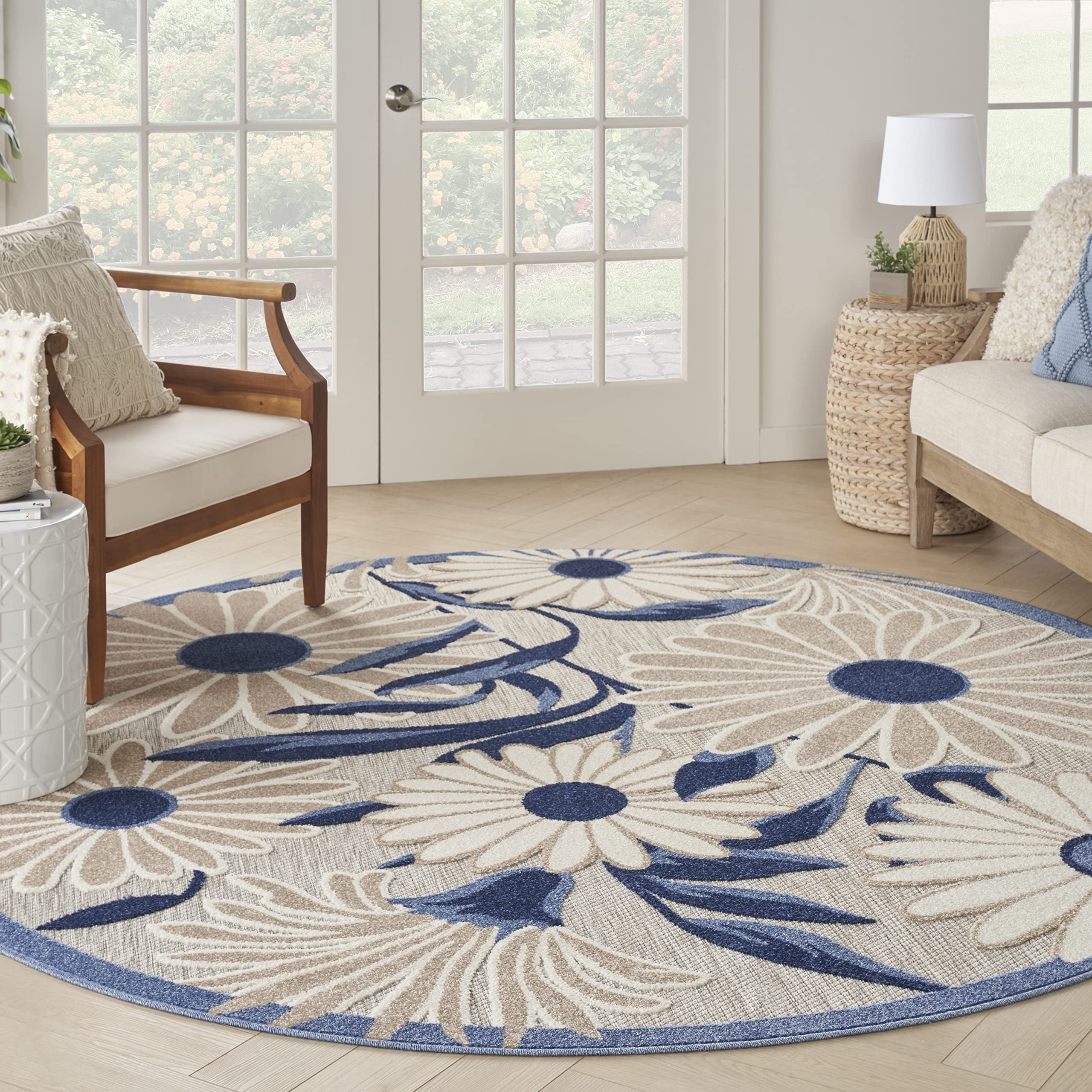 Nourison Aloha Outdoor Blue Grey 5'3' X Round Area Rug, Easy Cleaning, Non Shedding, Bed Room, Living Room, Dining Room, Deck, Backyard, Patio (5 Round)