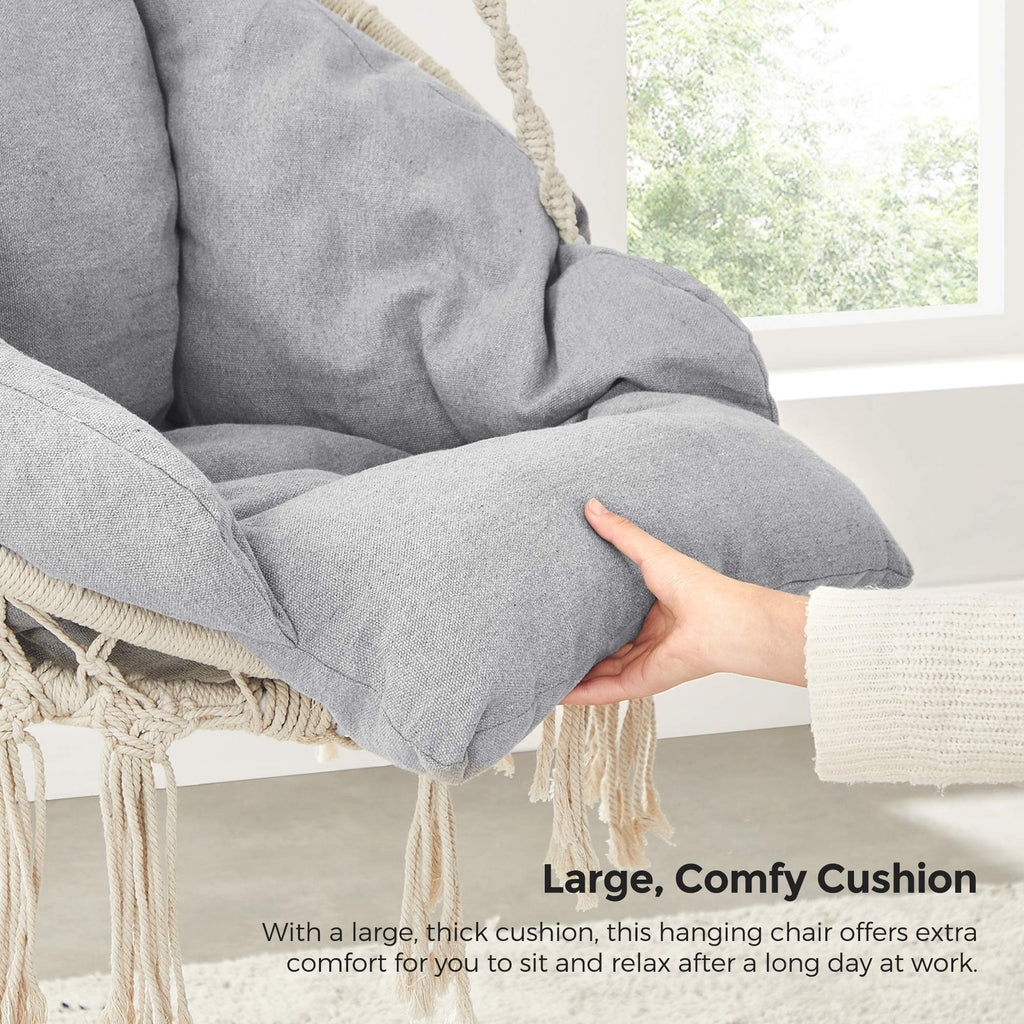 Songmics Hanging Chair, Hammock Chair With Large, Thick Cushion, Swing Chair, Holds Up To 264 Lb, For Terrace, Balcony, Garden, Living Room, Scandinavian, Shabby Chic, Cloud White And Gray Ugdc042G01