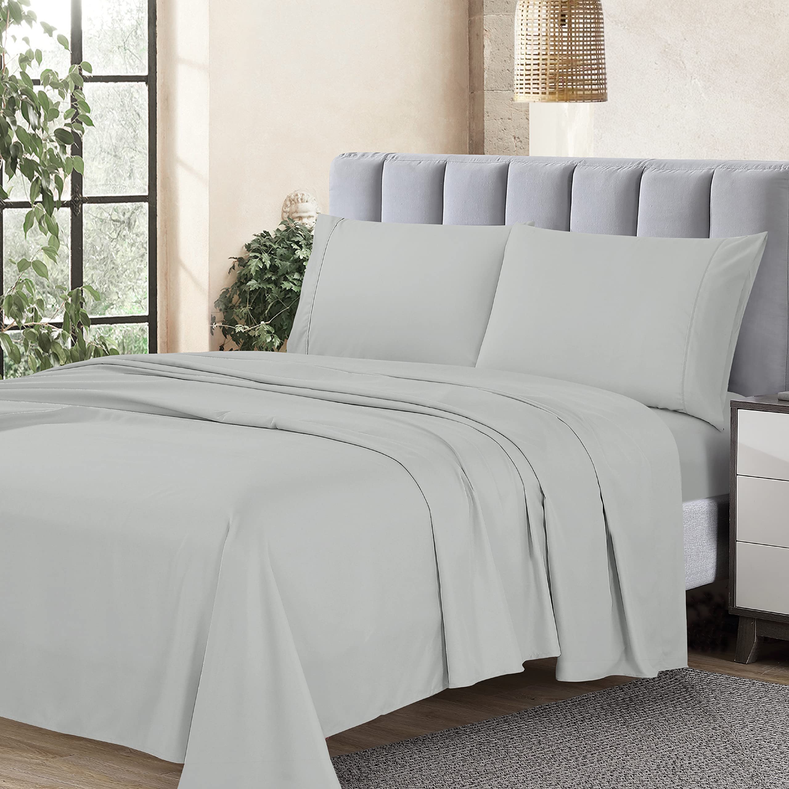 Cathay Home Essentials Ultra Soft Hypoallergenic Wrinkle Resistant Double Brushed Microfiber Bedding Sheet Set, Light Gray, Full