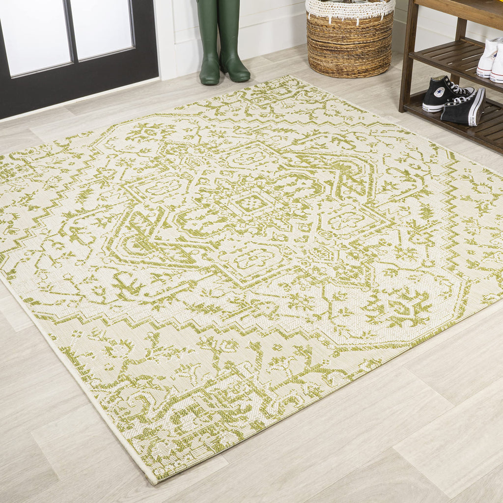 Jonathan Y Smb105E-5Sq Estrella Bohemian Medallion Textured Weave Indoor Outdoor Area Rug, Coastal,Traditional,Transitional Easy Clean,Bedroom,Kitchen,Backyard,Patio, Non-Shed, Cream/Green, 5' Square
