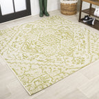 Jonathan Y Smb105E-5Sq Estrella Bohemian Medallion Textured Weave Indoor Outdoor Area Rug, Coastal,Traditional,Transitional Easy Clean,Bedroom,Kitchen,Backyard,Patio, Non-Shed, Cream/Green, 5' Square