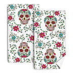 Mexican Skull Cute Floral Kitchen Dish Towels Set of 2, 16'x 24' Cotton Absorbent Drying Cloth, Day of The Dead Kitchen Towels