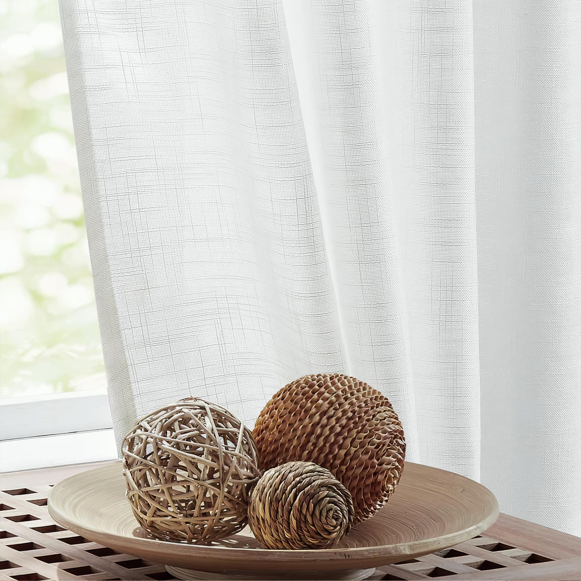 Fmfunctex Linen Semi Sheer White Curtains For Bedroom Living Room, Curtain Panels 84 Inches Long Sheer Linen Textured Window Dra