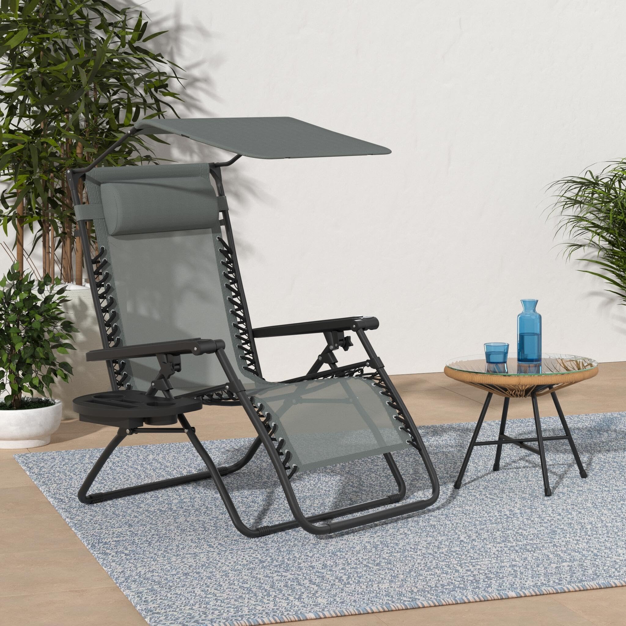 Best Choice Products Folding Zero Gravity Outdoor Recliner Patio Lounge Chair W/Adjustable Canopy Shade, Headrest, Side Accessory Tray, Textilene Mesh - Stardew