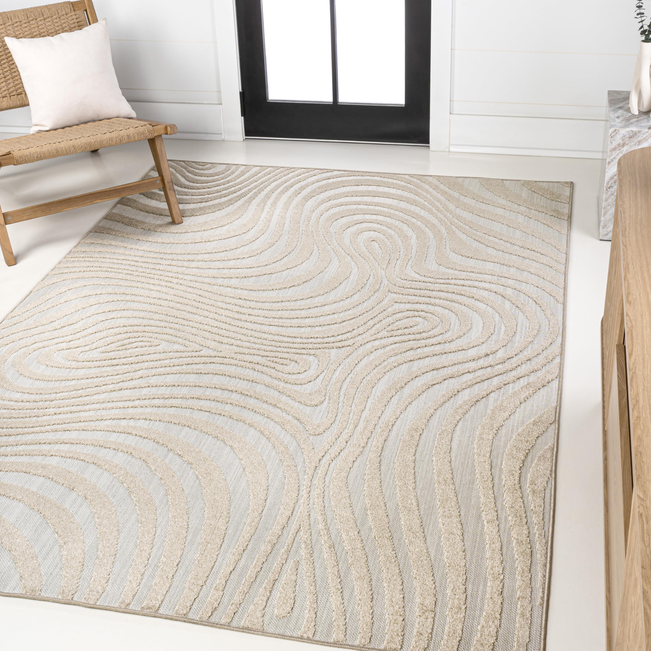 JONATHAN Y SCN103D-4 Maribo High-Low Abstract Groovy Striped Beige/Cream 4 ft. x 6 ft. Indoor/Outdoor Area Rug for Patio, Backya