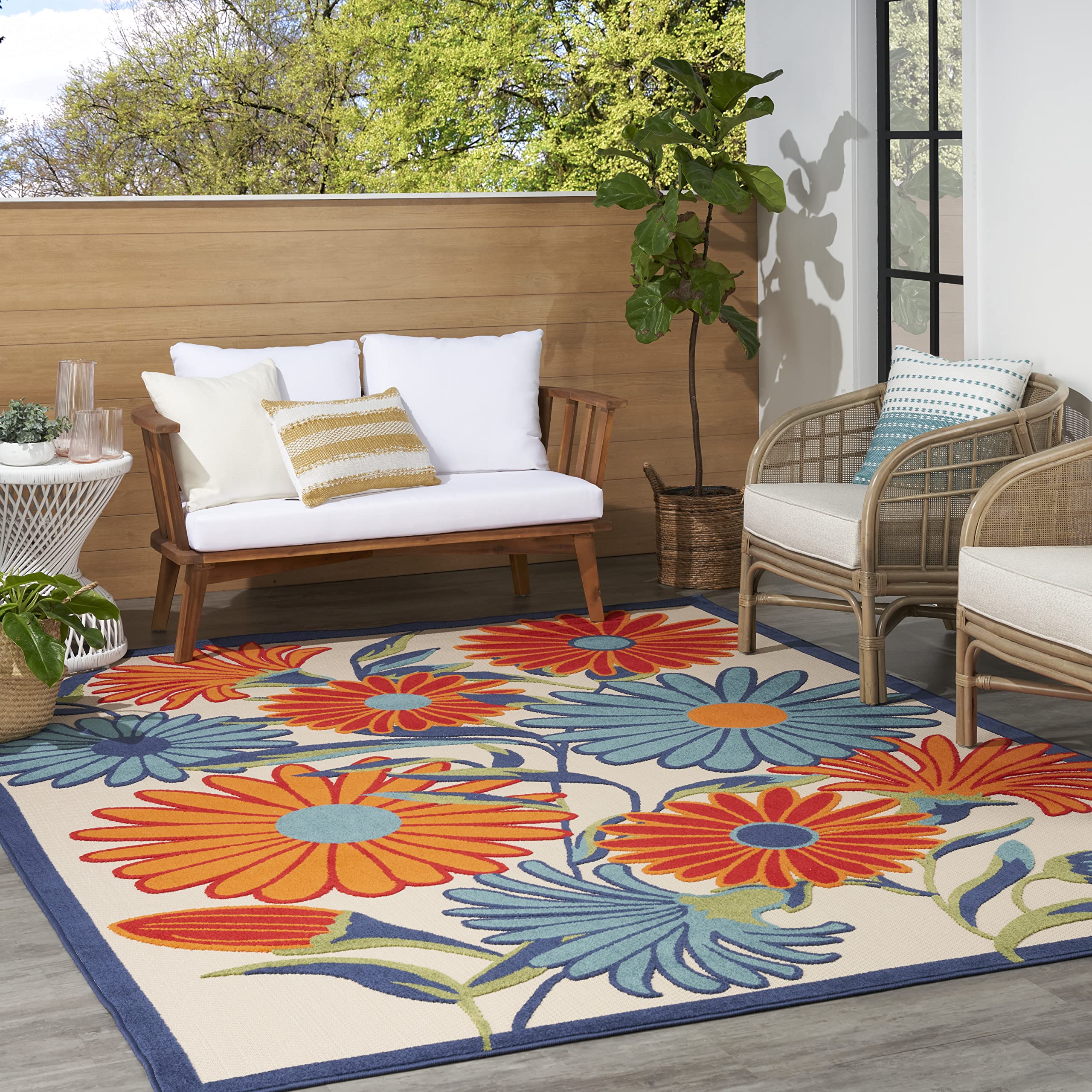 Nourison Aloha Outdoor Multicolor 10' X 14' Area Rug, Easy Cleaning, Non Shedding, Bed Room, Living Room, Dining Room, Deck, Backyard, Patio (10X14)