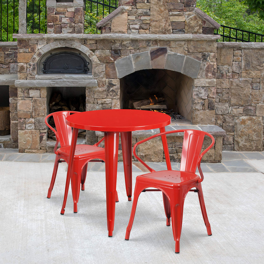 Flash Furniture Conrad Commercial Grade 30" Round Red Metal Indoor-Outdoor Table Set with 2 Arm Chairs