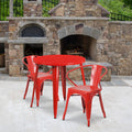 Flash Furniture Conrad Commercial Grade 30" Round Red Metal Indoor-Outdoor Table Set with 2 Arm Chairs
