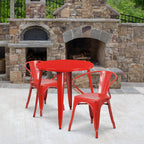 Flash Furniture Conrad Commercial Grade 30" Round Red Metal Indoor-Outdoor Table Set with 2 Arm Chairs