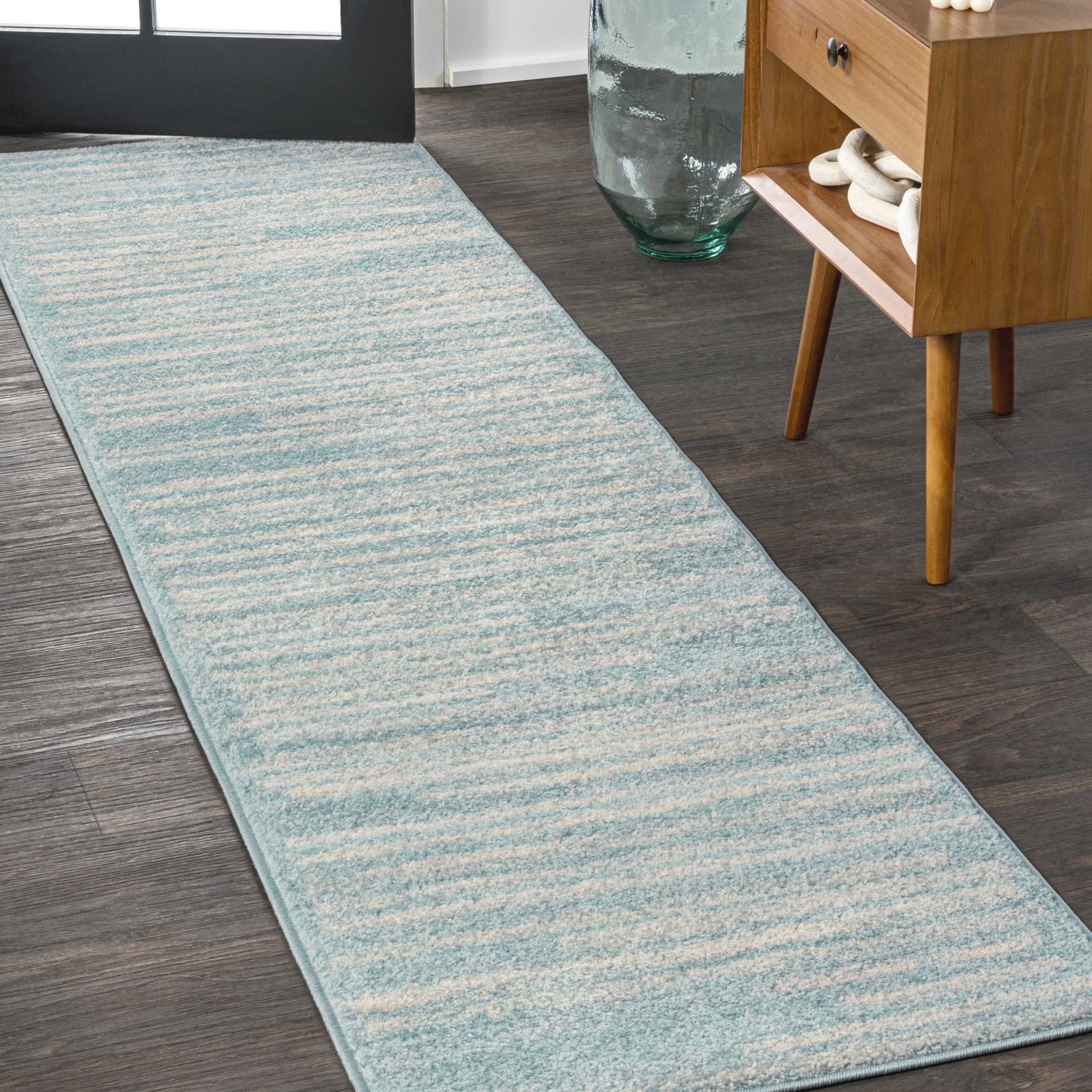 JONATHAN Y MOH207D-28 Khalil Modern Berber Stripe Turquoise/Cream 2 ft. x 8 ft. Runner Rug, Contemporary, Modern, Bohemian for H