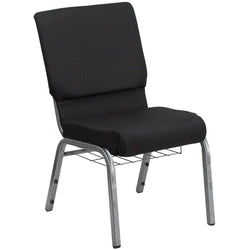 4 Pk. 18.5W Black Fabric Church Chair, Cup Book Rack - Silver Vein Frame