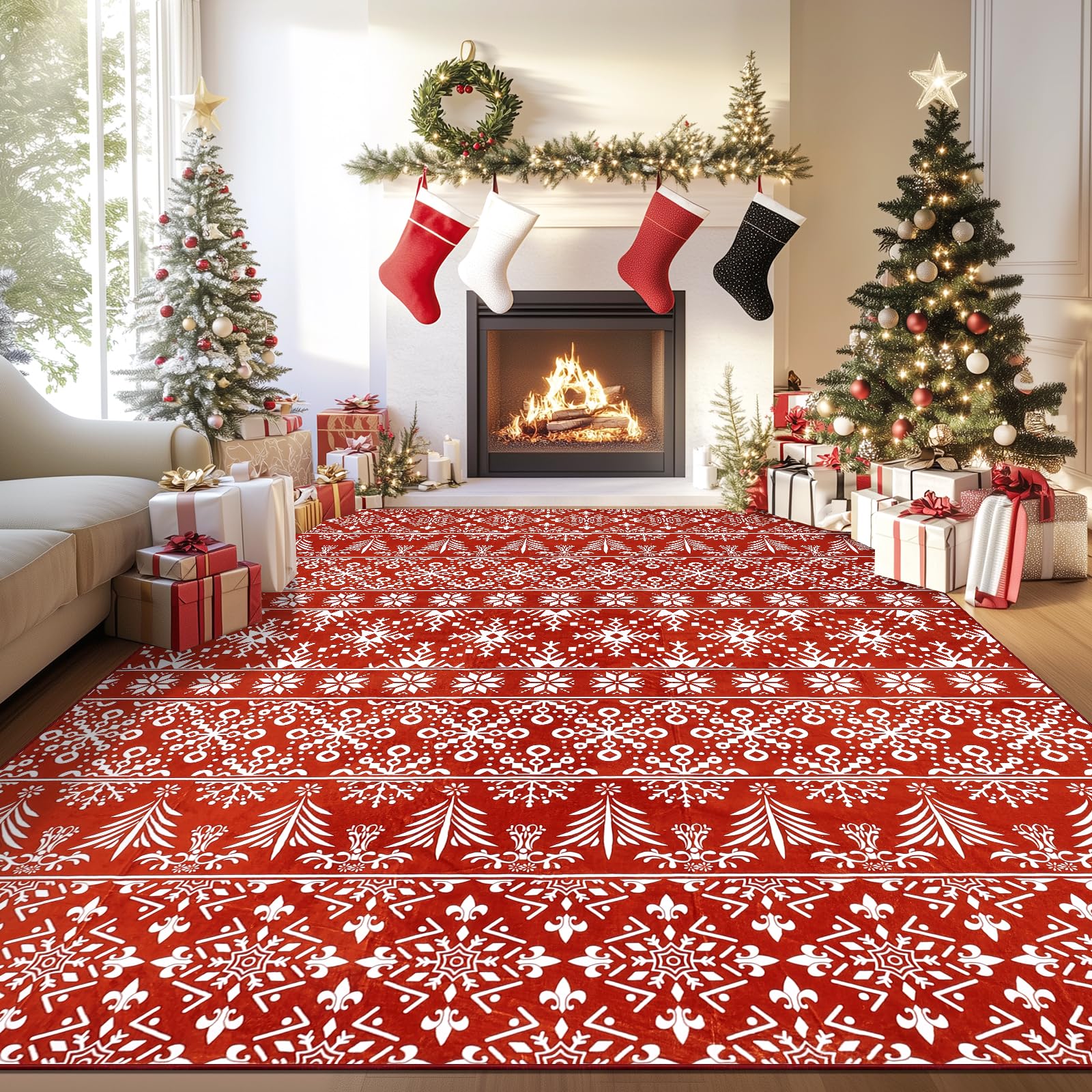 Washable Christmas Area Rug 8x10, Non-Slip Soft Large Carpet with Red Snowflake, Low Pile Faux Wool Xmas Throw Rug for Living Ro