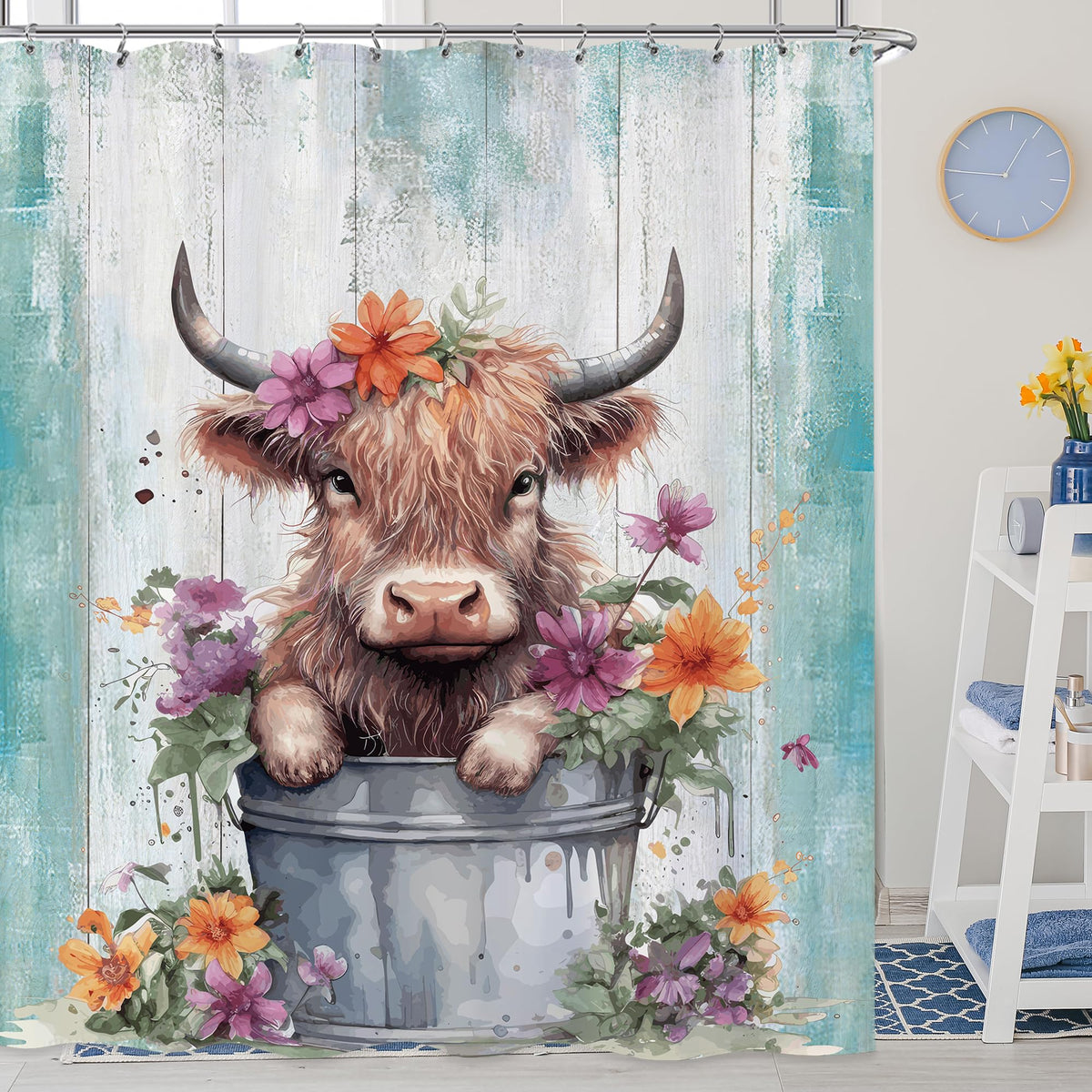 Laifzere Cute Baby Highland Cow Shower Curtain Farmhouse Teal Wooden Shower Curtain for Bathroom Set Funny Cattle Rustic Animal 