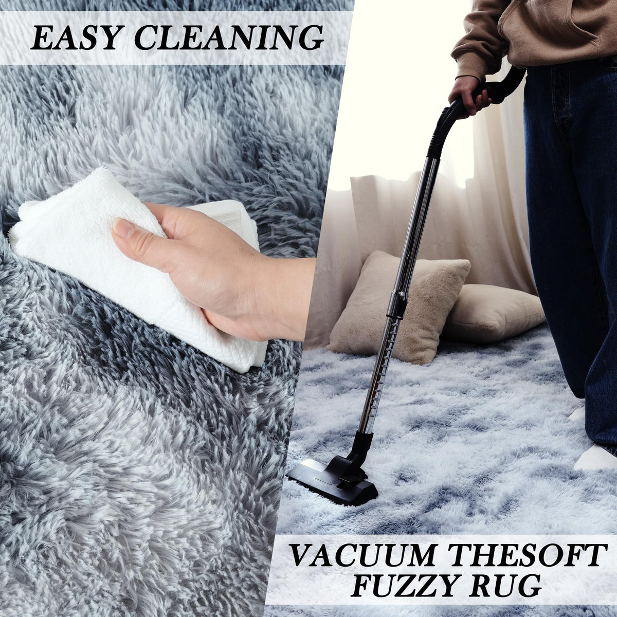 Fluffyrug Grey Shag Area Rug 6x9 Feet - Soft Plush Tie-Dye Light Gray Carpet for Living Room, Fuzzy Rectangular Floor Mat