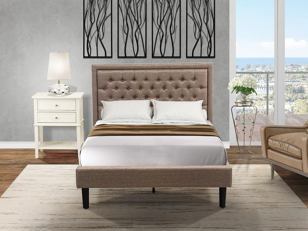 East West Furniture KD16F-1VL0C 2 Piece Wood Bedroom Set-1 Full Bed Dark Khaki Linen Fabric Padded and Button Tufted Headboard with 1 Night Stands-Wire Brushed Butter Cream Finish Nightstand