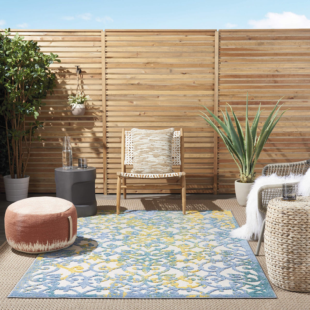 Nourison Aloha Indoor/Outdoor Ivory Blue 6' X 9' Area Rug, Transitional, French Country, Easy Cleaning, Non Shedding, Bed Room,