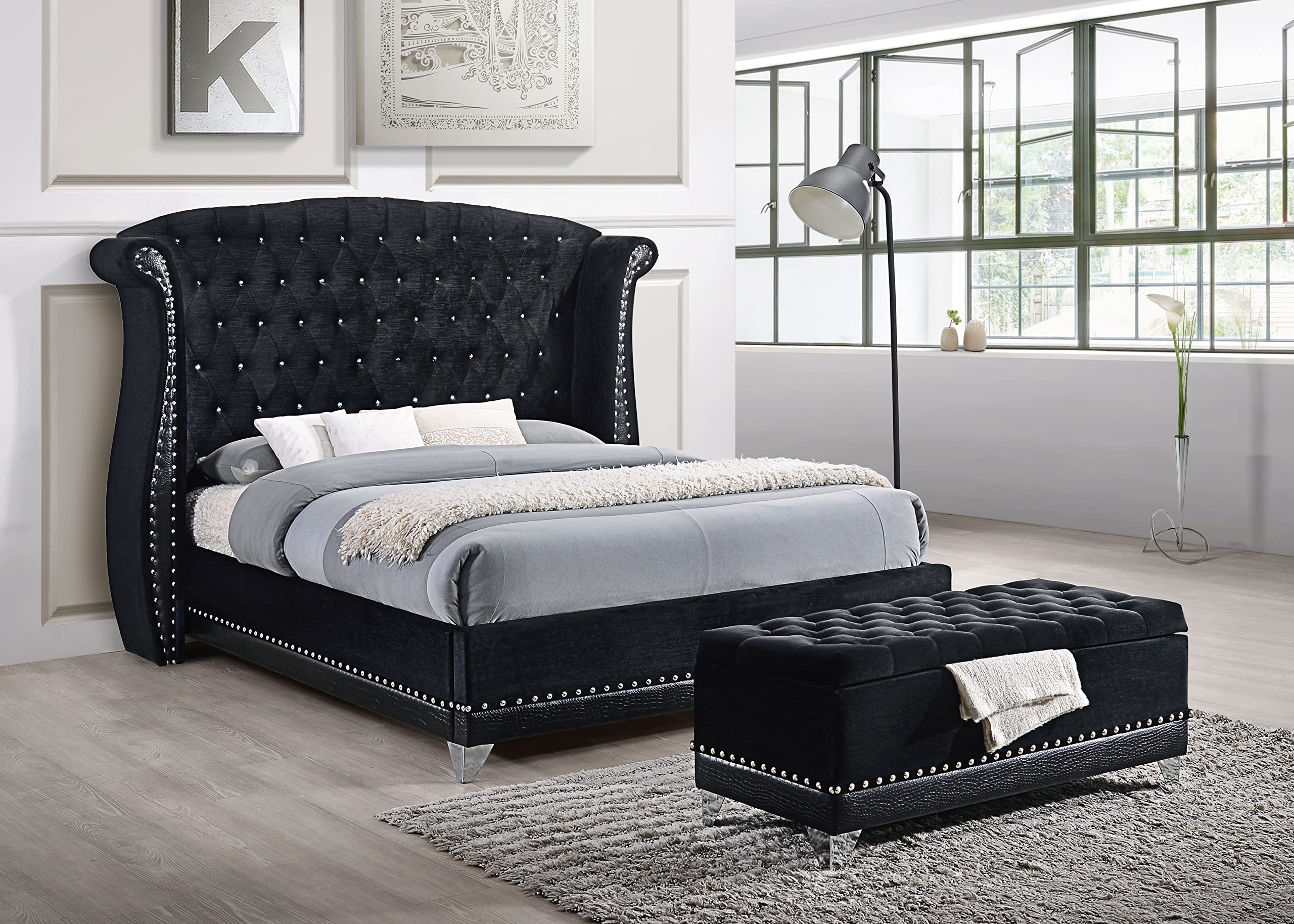 Coaster Home Furnishings Barzini Modern Classic Velvet Upholstered Queen Size Wingback Bed Frame Platform Bed 63-inch Headboard Black 300643Q