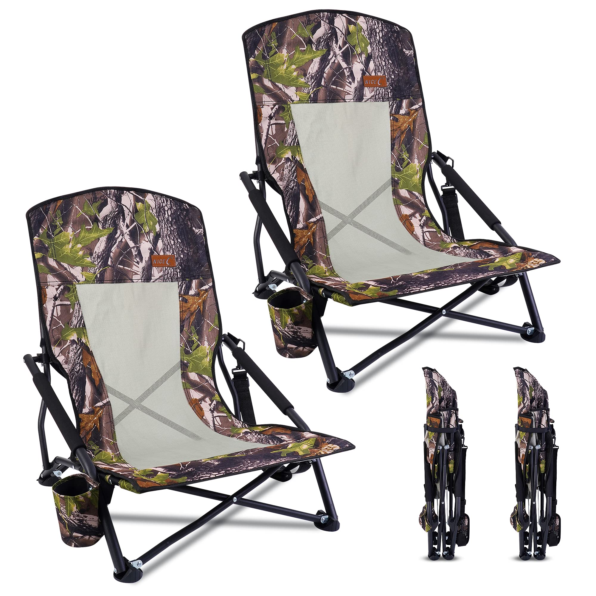 Nice C Folding Camping Chair - 2 Pack with Cup Holder & Carry Strap, Heavy Duty Turkey Hunting Seat