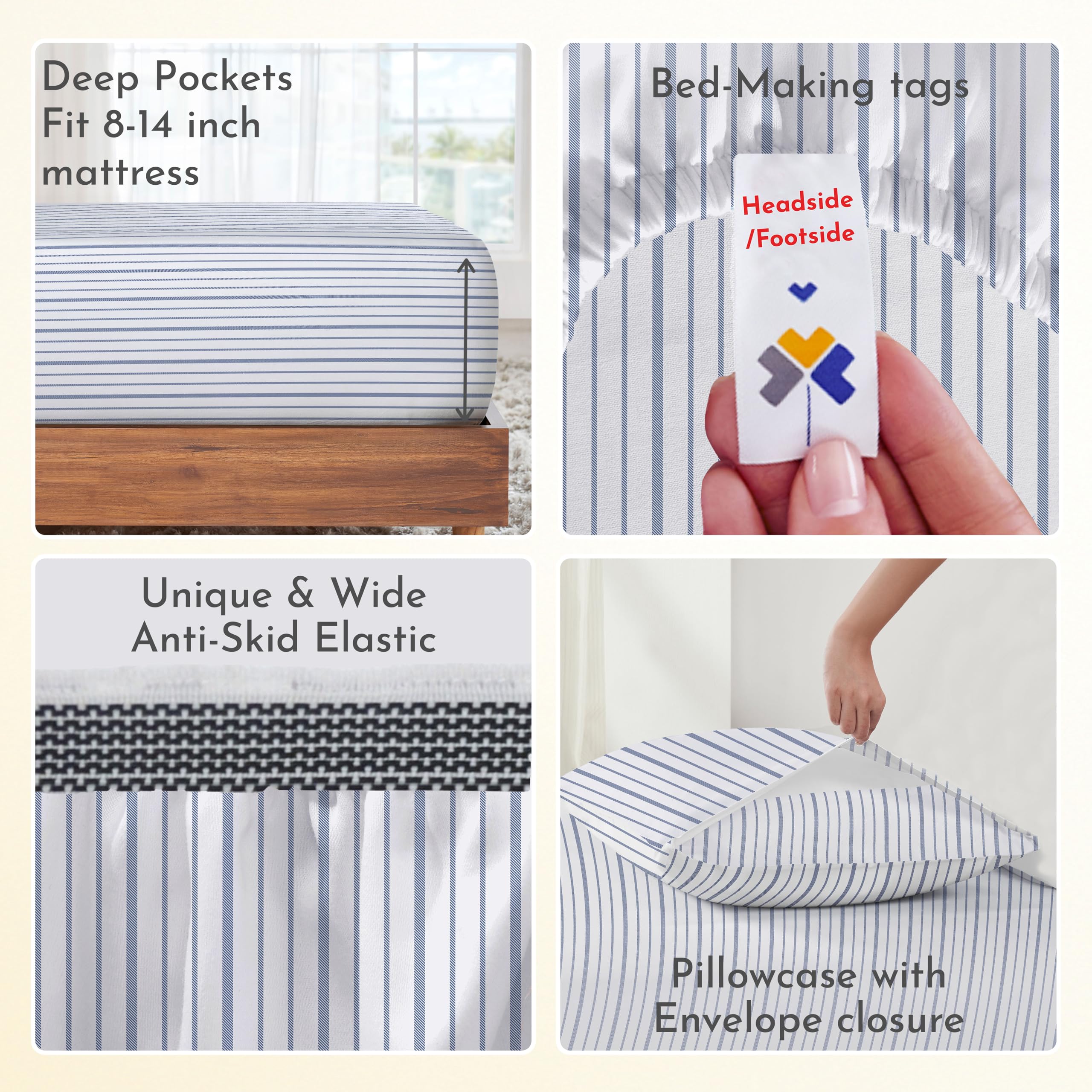 California Design Den Blue Stripe Twin Sheet Set, 100% Organic Cotton Percale Sheets, Deep Pocket Twin Sheets & Pillowcase Set - Blue Stripe