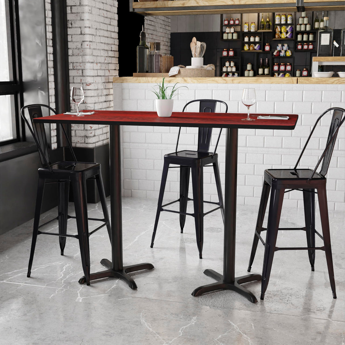 Flash Furniture Stiles 30'' x 60'' Rectangular Mahogany Laminate Table Top with 22'' x 22'' Bar Height Table Bases