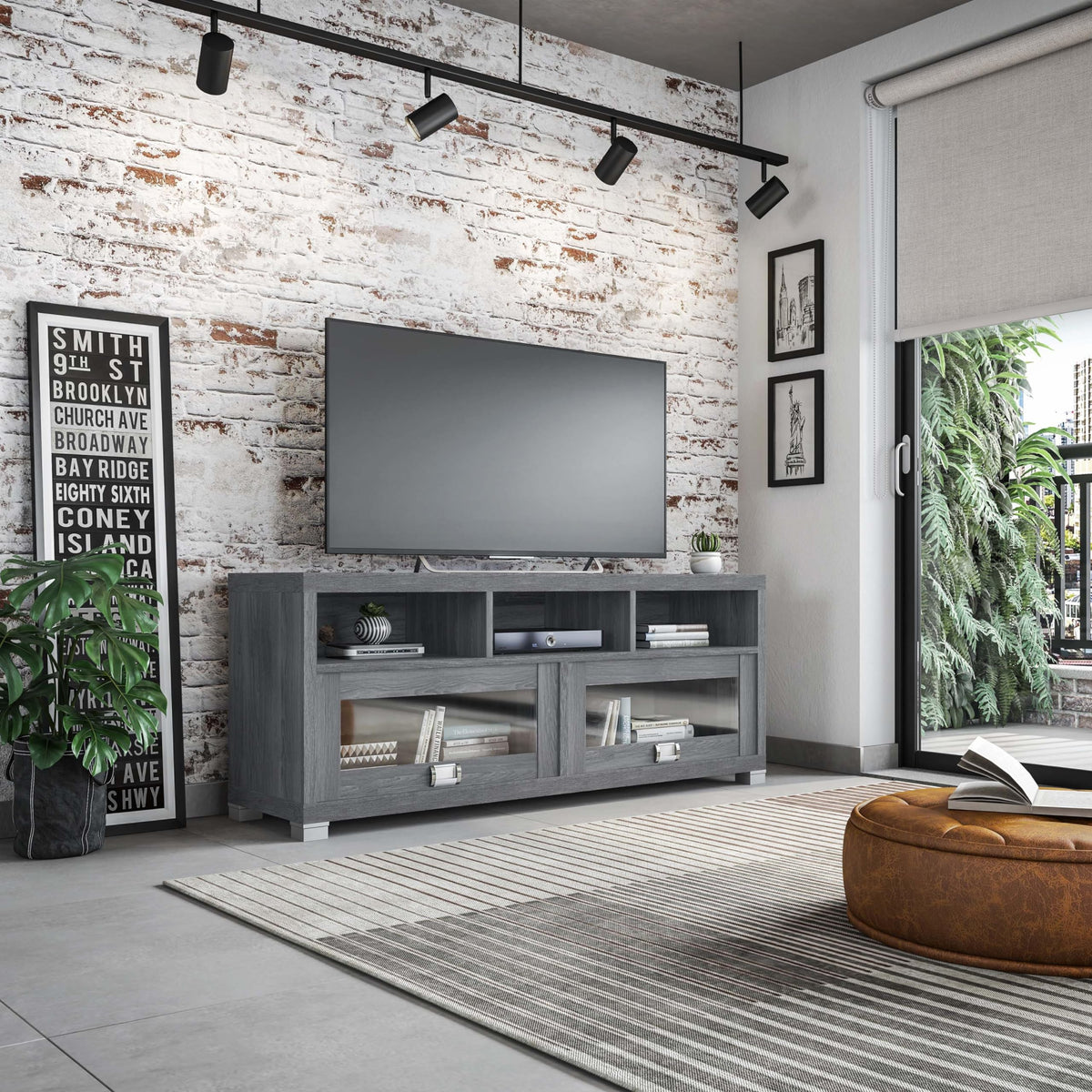 65” Tv Stand With Storage & Glass Display Cabinets, Grey Tv Stand For Living Room Or Bedroom With Cable Management, Fits Screens Up To 65 Inches When Measured Diagonally, Grey