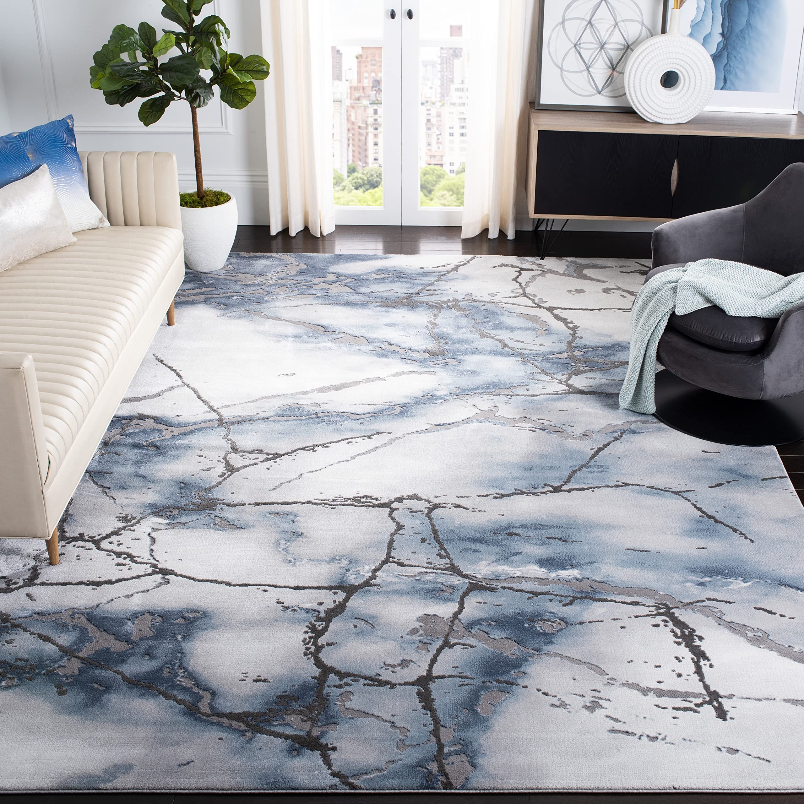 SAFAVIEH Craft Collection Area Rug - 67 x 9, Grey & Blue, Modern Abstract Design, Non-Shedding & Easy Care, Ideal for High Tra