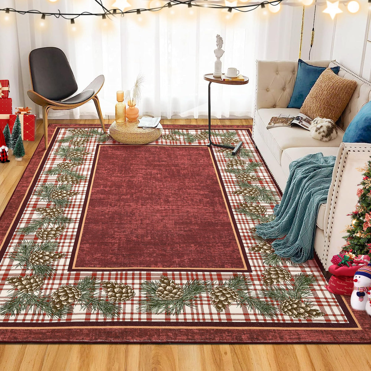 RUGSREAL Christmas Area Rug 9x12 Washable Rug Xmas Pine Cones Rug Ultra Thin Soft Rug Non Shedding Indoor Floor Carpet for Entry