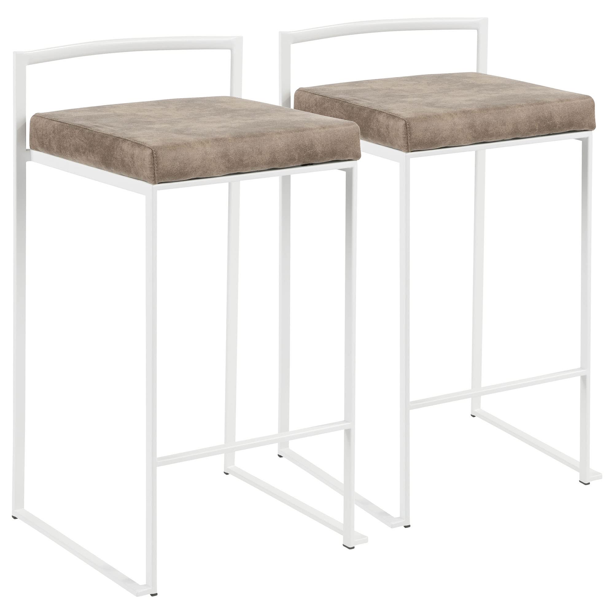 Fuji Contemporary Stackable Counter Stool In White With Brown Cowboy Fabric Cushion By Lumisource - Set Of 2