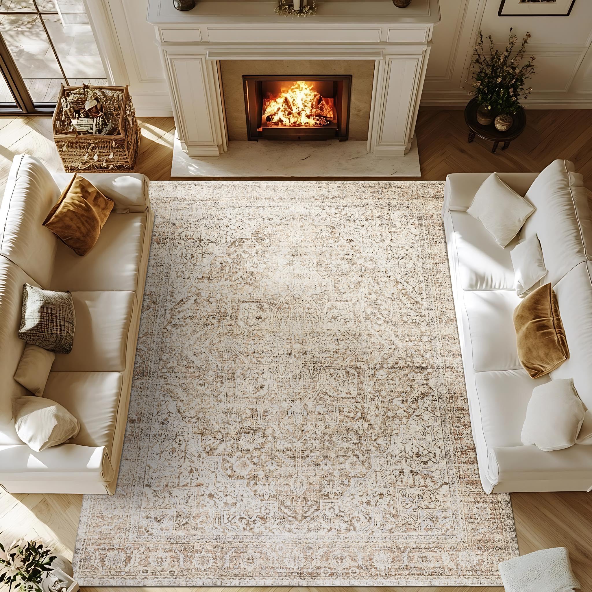 Bileehome 8X10 Washable Large Area Rugs For Living Room,Neutral Boho Modern Farmhouse Rug For Bedroom,Beige Tan