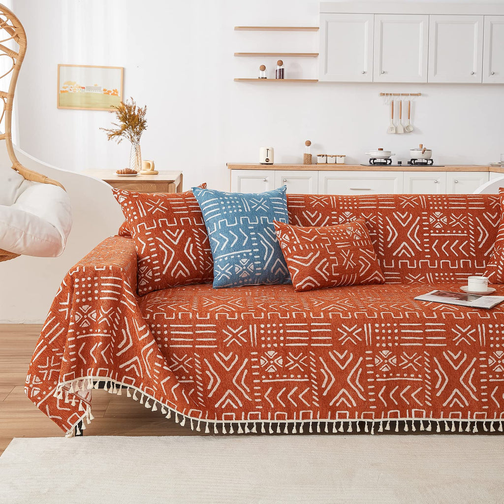 Handontime Boho Aztec Sofa Slipcover For Sofa/Couch Farmhouse Geometric Couch Protector For Dogs With Tassel Brick Orange Couch Covers Sofa Cover For Dogs Cats Kids Bohemian Sofa Décor, 71' X150'