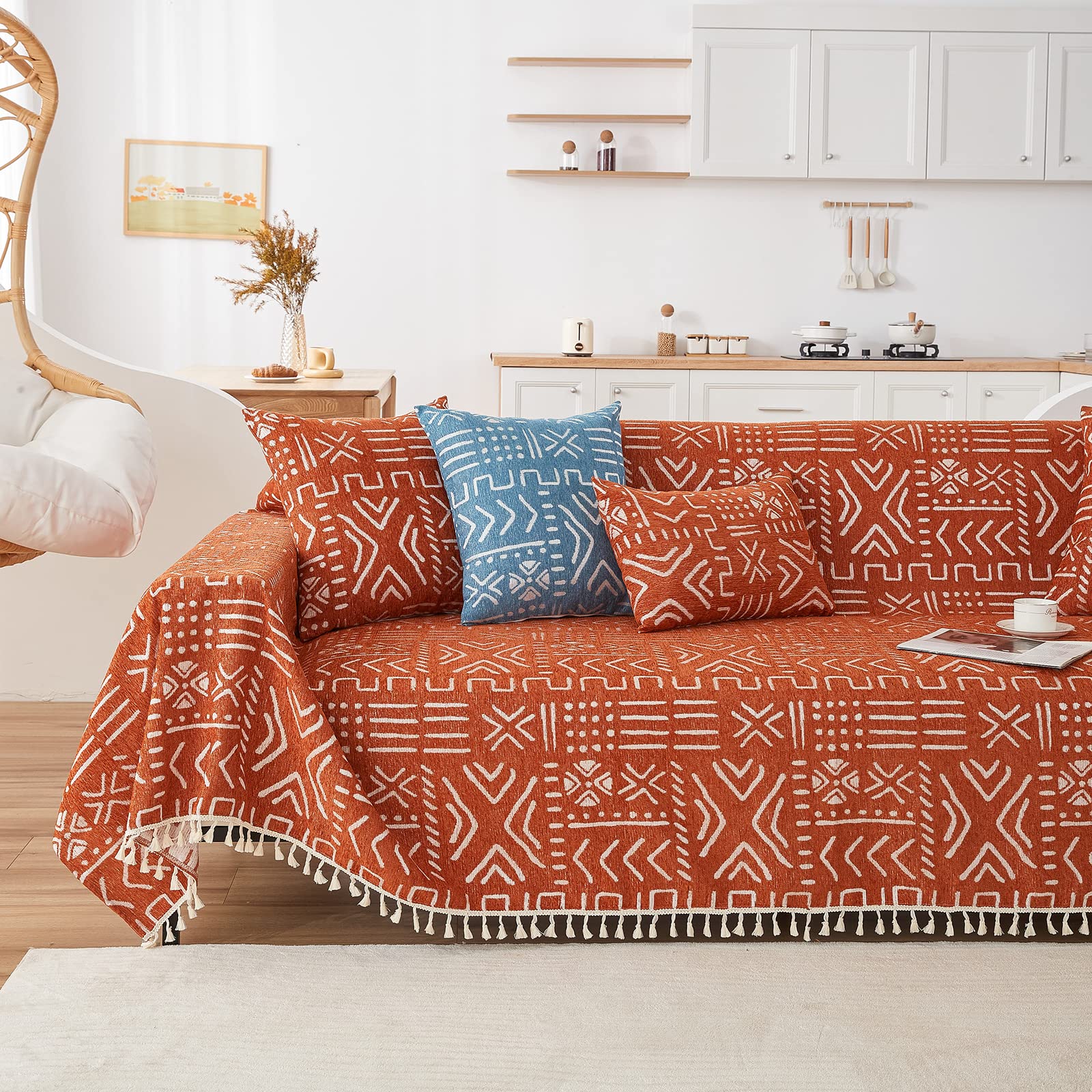 Handontime Boho Aztec Sofa Slipcover For Sofa/Couch Farmhouse Geometric Couch Protector For Dogs With Tassel Brick Orange Couch Covers Sofa Cover For Dogs Cats Kids Bohemian Sofa Décor, 71' X150'