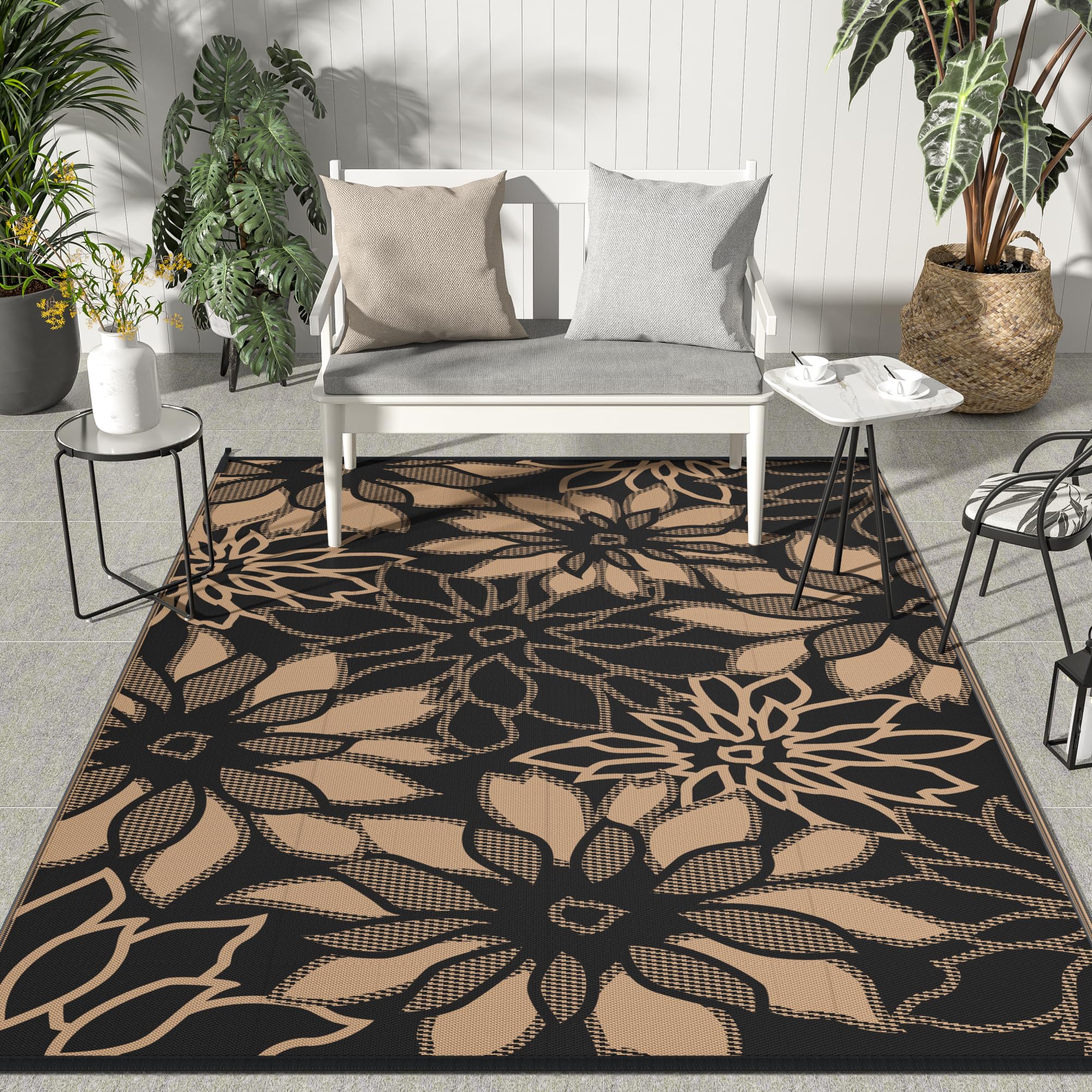 Genimo Outdoor Rug Waterproof For Patios Clearance, 5' X 8' Reversible Plastic Straw Floral Camping Carpet, Large Area Rugs Mats