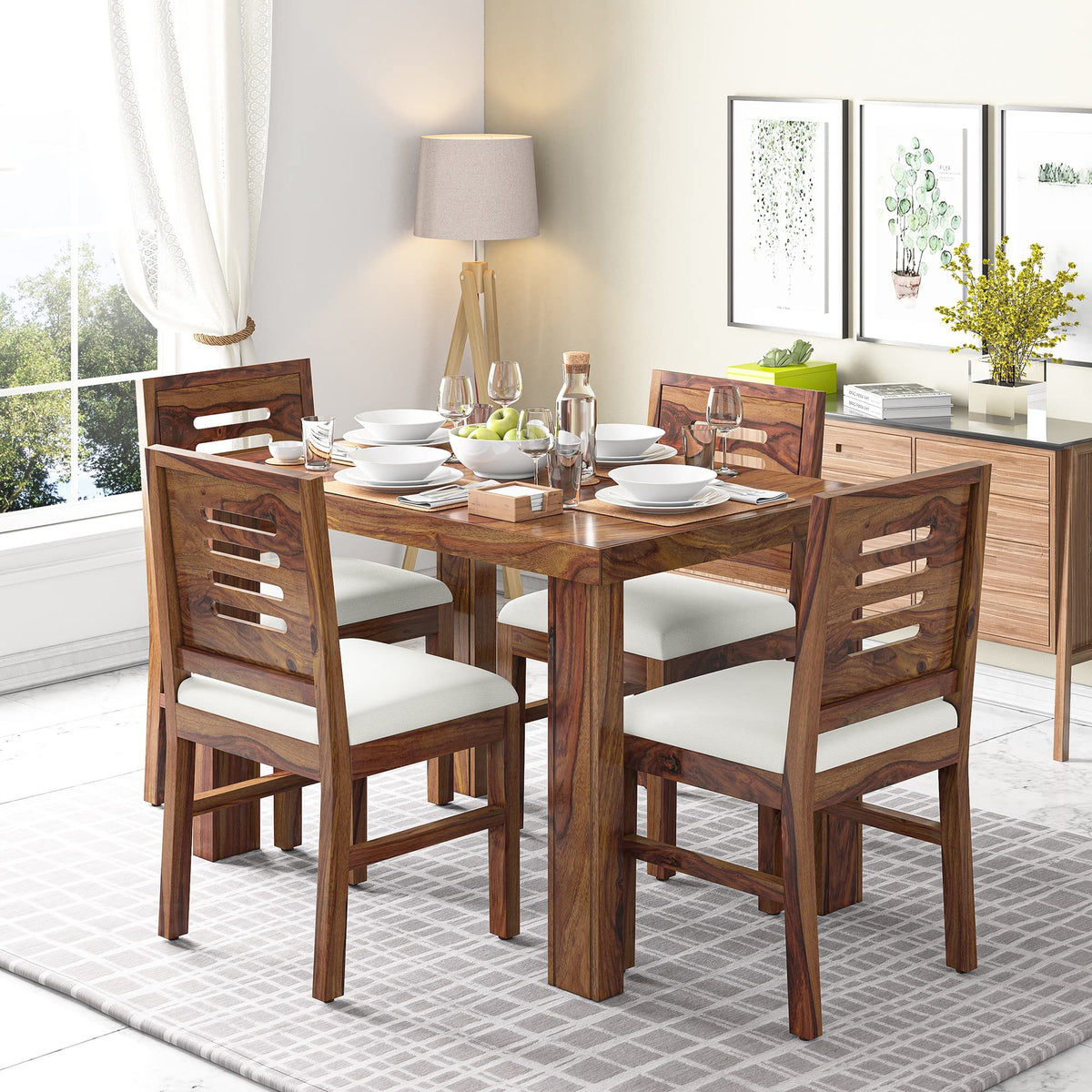 Winntage Furniture Sheesham Wood 4 Seater Dining Table Set | Wooden Four Seater Dinning Table With Cushioned Chairs For Living R