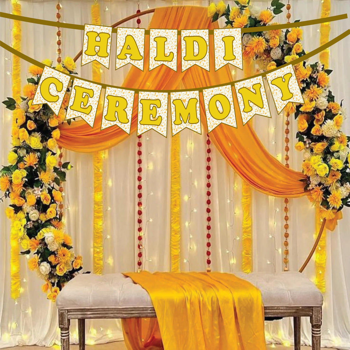 Xzotic 16Pc Gold Haldi Ceremony Decoration Set  Wedding Photo Booth Props, Festive Yellow Banner, Mehendi & Haldi Function Par