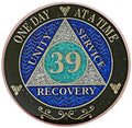 (Years 1-50) 39 Year Aa Recovery Silver Color Plated Glitter Medallion, Black Rainbow, Blue, Silver Glitter Coin, Epoxy Covered