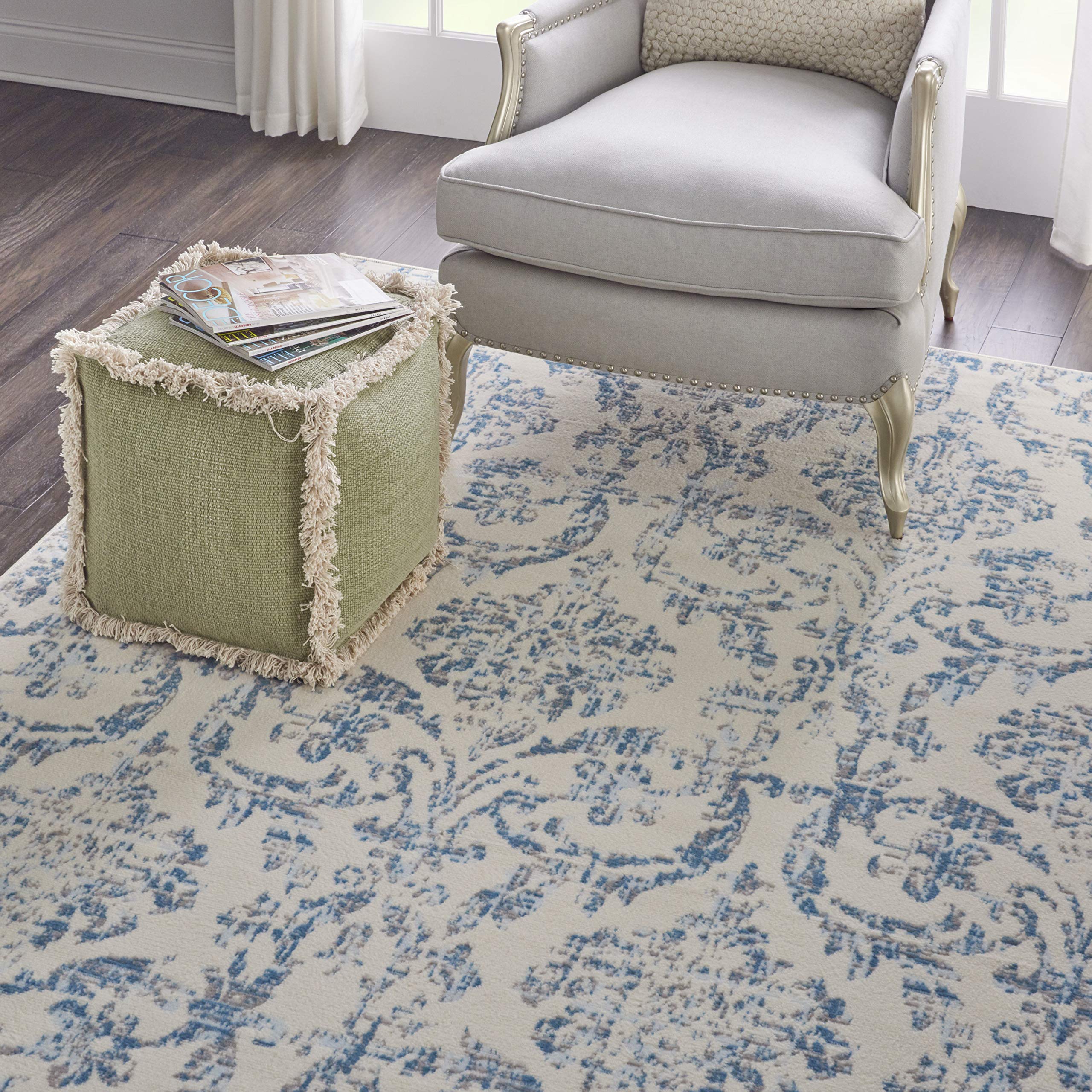 Nourison Jubilant Damask Ivory/Blue 7 x 10 Area Rug, Easy Clean, Non Shedding, Bed Room, Living Room, Dining Room, Kitchen (7x