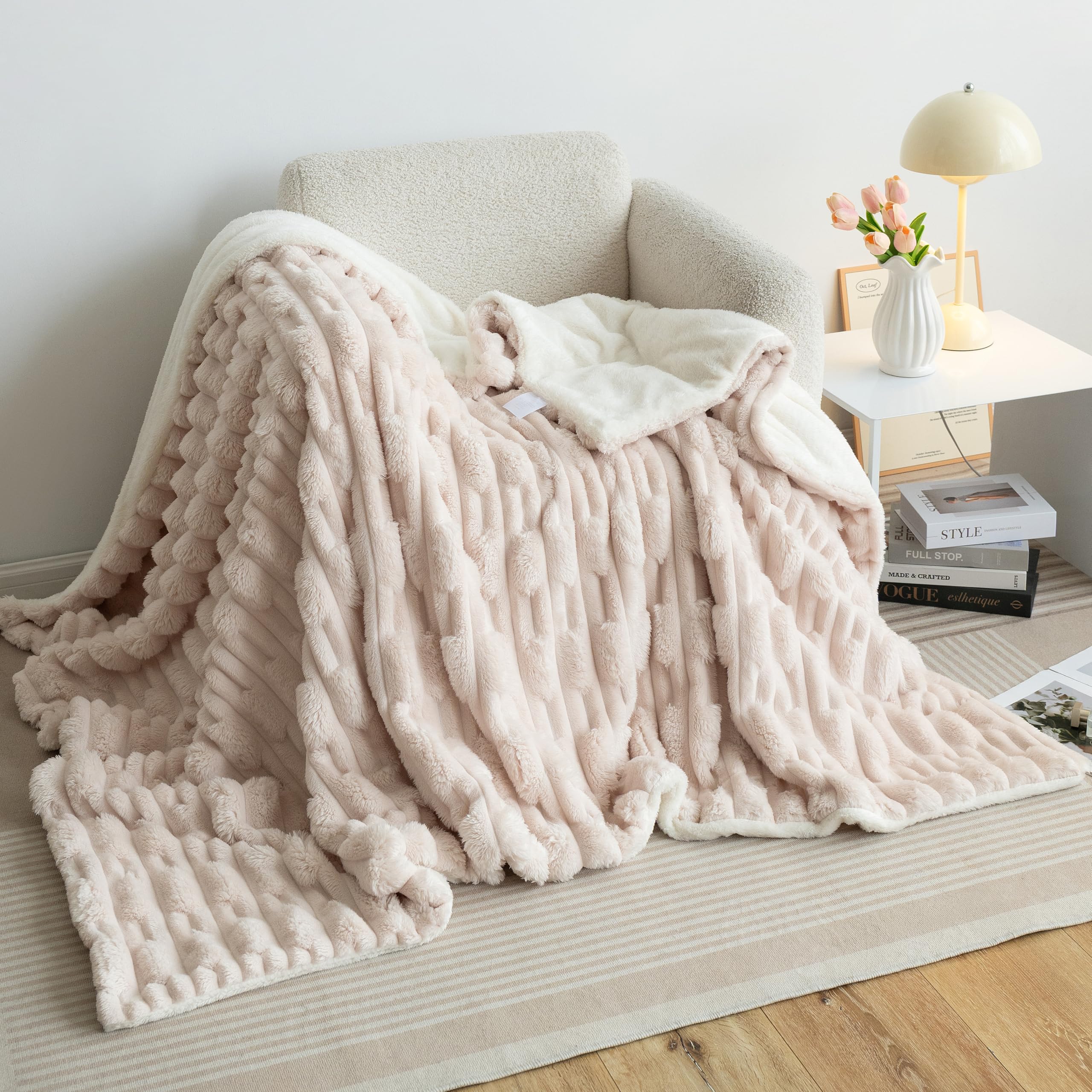 Ukeler Sherpa Bed Blanket 80    90 Inch, Ultra Soft Queen Size Throw Blanket For All Season, 610 Gsm Cozy Plush Striped Fleece B