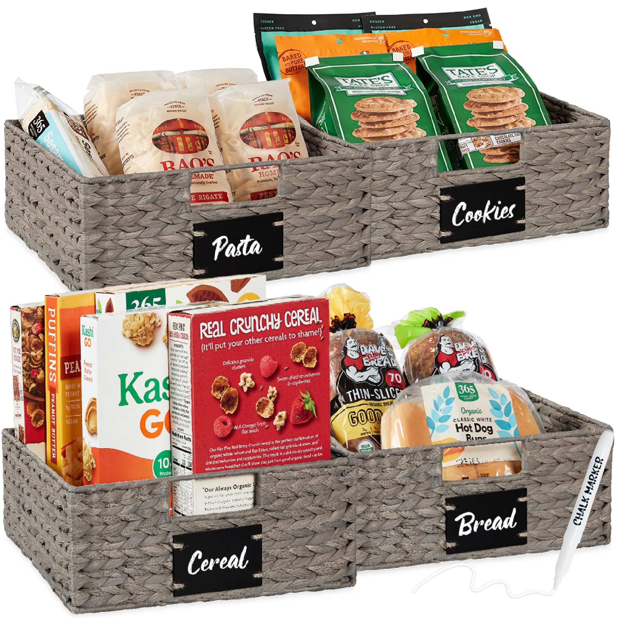 Best Choice Products Set of 4 13x12in Water Hyacinth Pantry Baskets, Woven Organizers w/Chalkboard Label, Chalk Marker - Gray