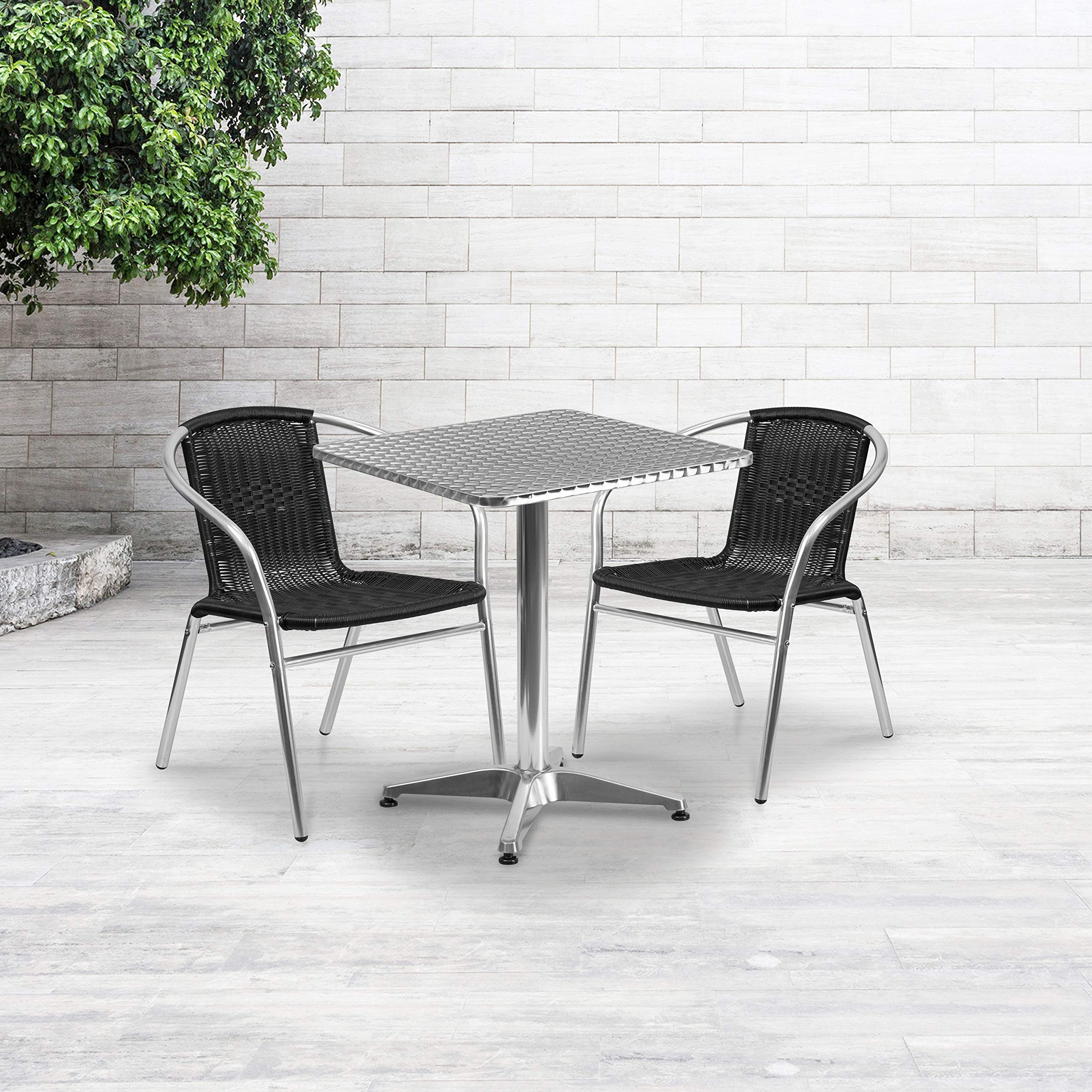 Flash Furniture Lila 23.5'' Square Aluminum Indoor-Outdoor Table Set with 2 Black Rattan Chairs
