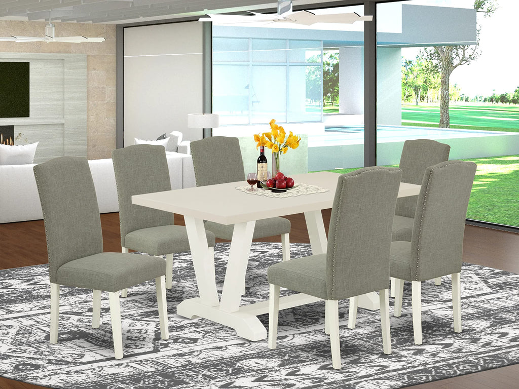 East West Furniture V-Style 7 Piece Room Furniture Set Consist Of A Rectangle Dining Table With V-Legs And 6 Dark Shitake Linen Fabric Parsons Chairs, 36X60 Inch, Multi-Color