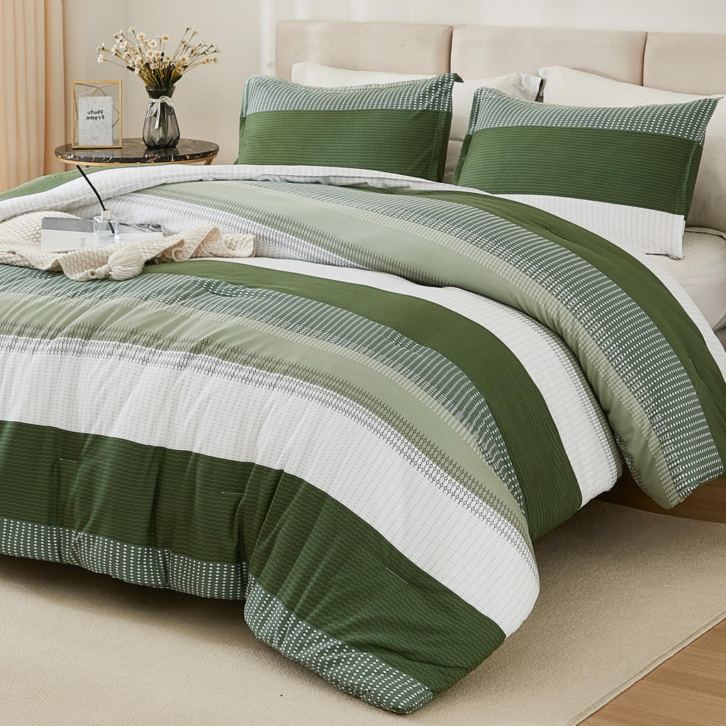 Litanika Olive Green Comforter Set King - 3 Pieces Lightweight Olive Green White Colorblock Stripe Fluffy Bedding Comforter Sets